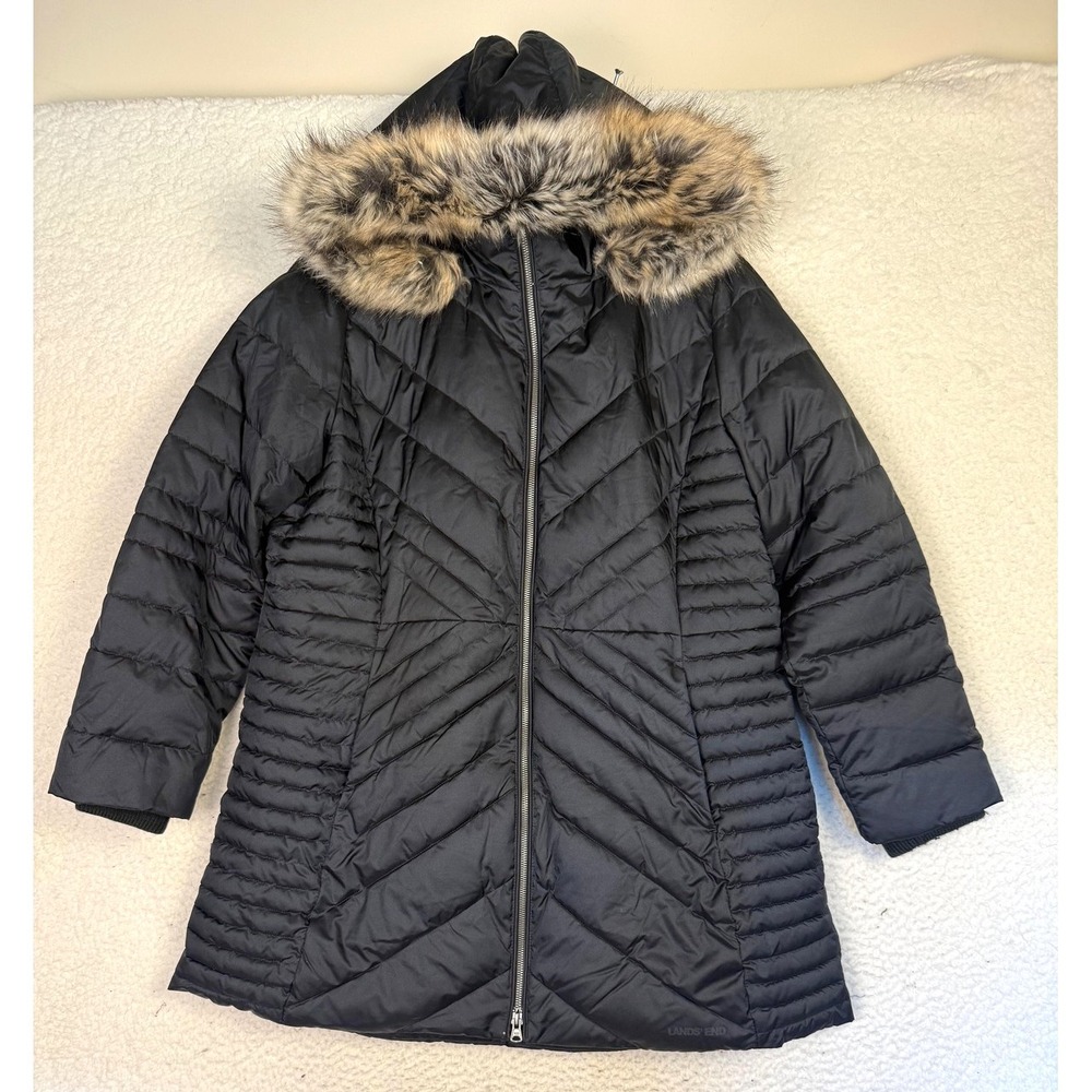Lands End Coat Womens 18 Black Puffer Hooded Fur Trim Insulated Mid Length